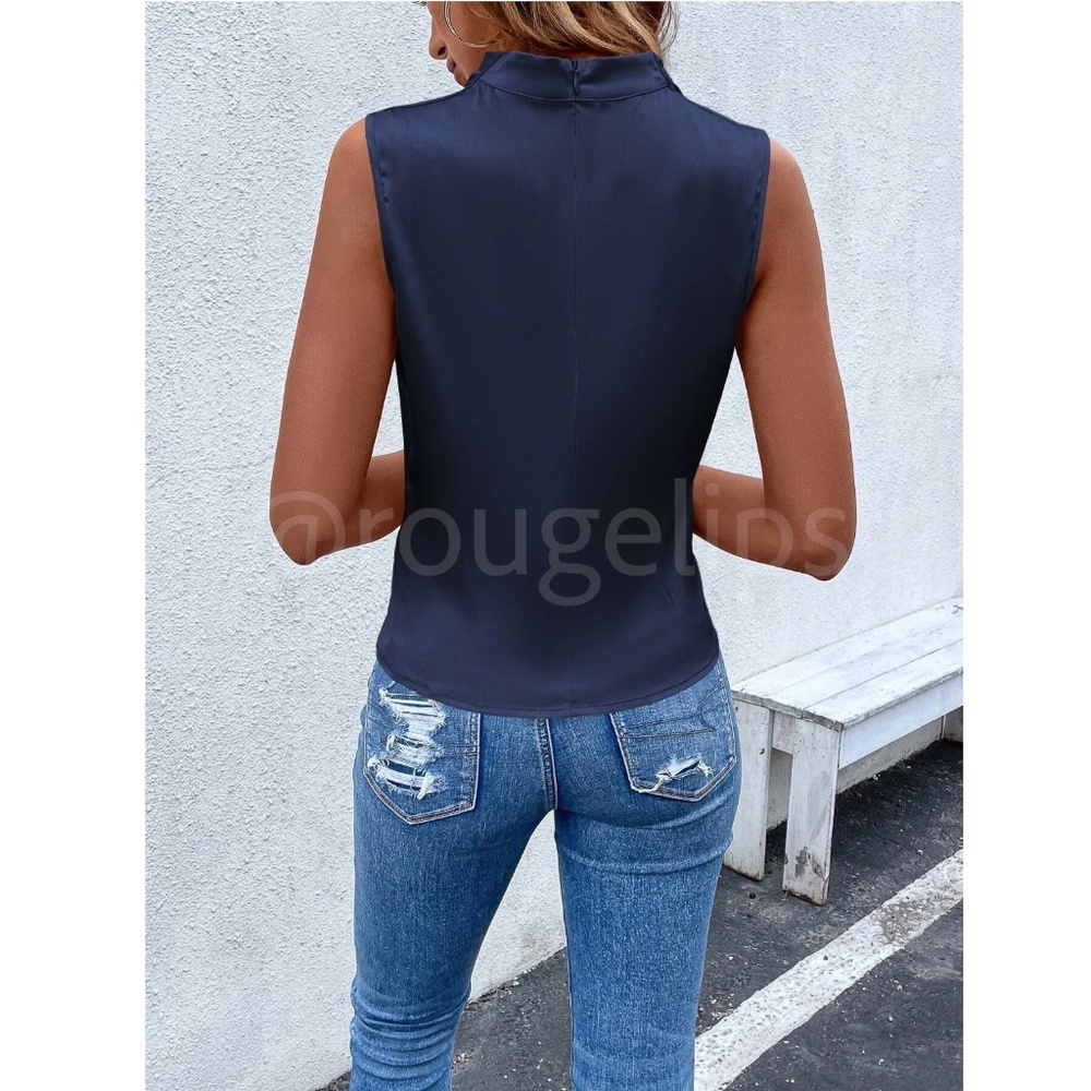 Navy Blue Satin Cowl Draped Neck Sleeveless Top Blouse - Picture 3 of 7